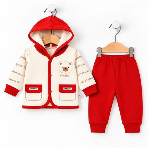 Imported Fur Hooded Shirt & Trouser Set Red Bear | Soft Winter Baby Outfit | 6-12 Months