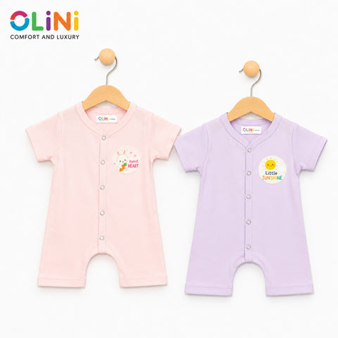 OLINI - Cotton Jersey - Pack of 2 - Short Leg Rompers - Pink & Purple - NUJ