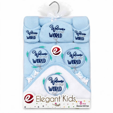 Elegant Kids 8-piece baby blanket gift set in light blue and white, featuring embroidered 'Welcome to Our World' designs, packaged with a white ribbon and hanger on a white background.