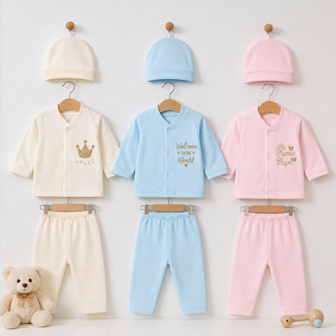 Three baby clothing sets displayed on hangers against a light wall: cream long-sleeve top with cream pants and beanie, light blue long-sleeve top with light blue pants and beanie, and pink long-sleeve top with pink pants and beanie. Each set has a matching hat and pants, with embroidered text and a crown motif on the tops.