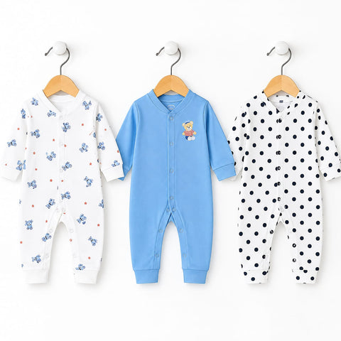 Cotton Interlock Baby Sleep Suits – Pack of 3 | Long Sleeve Open Feet – Blue Polka