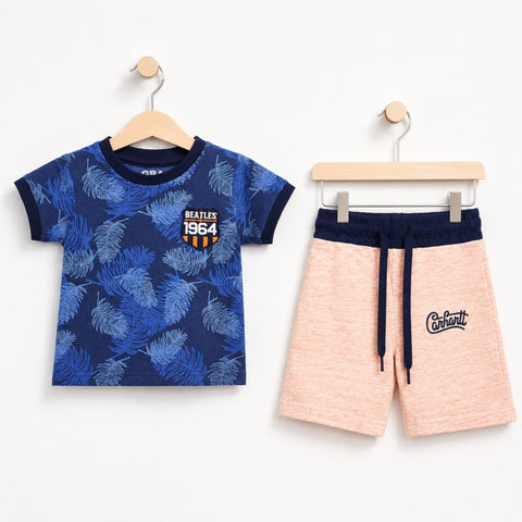 GT - Cotton Jersey - T-Shirt & Short - Blue Leaves & Pink (1-2Y)