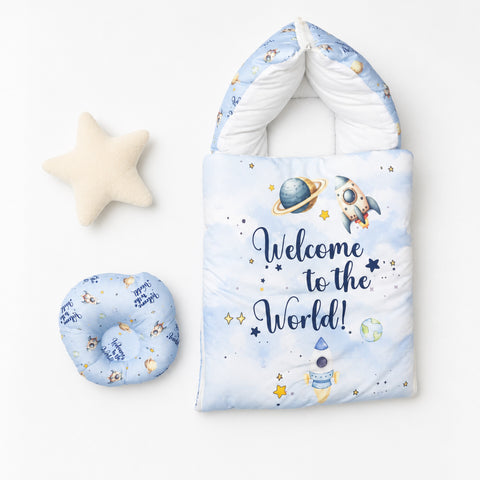 Newborn Cotton Hooded Carry Nest - Light Blue - Welcome Space