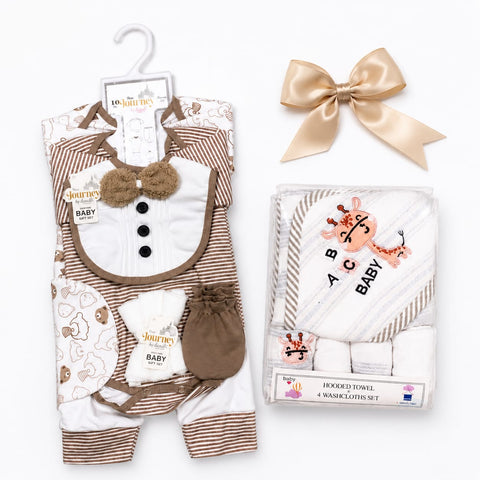 Newborn Welcome Bundle - Velvet Gentleman Brown Starter Set & White ABC Towel Set
