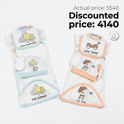 Newborn Welcome Bundle - Pack of 2 Starter Sets - Green Elephant & Peach Teddy