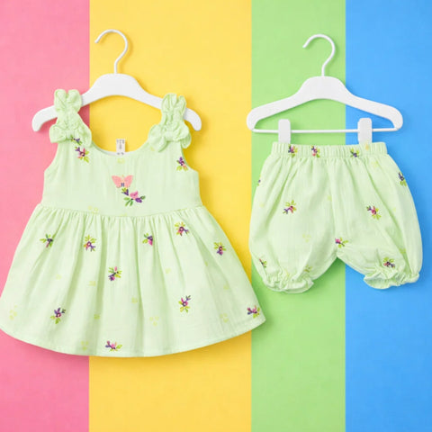 P&P - 2 Pieces - Frock Set - Green - Butterfly & Flowers