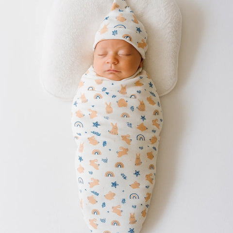 Swaddle with Cap - Navy & Brown - Rabbit & Stars