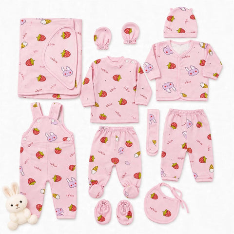 11 Pieces Imported Newborn Fleece Starter Set – Pink Strawberry | Soft Winter Baby Clothing Set | 0+ Months
