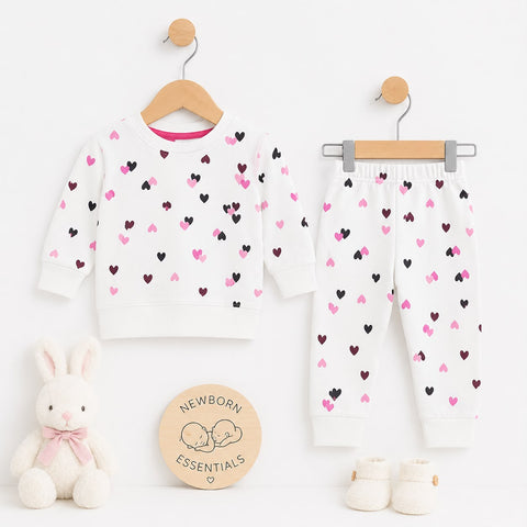 A baby clothing set displayed on wooden hangers against a white background, featuring a long-sleeve top and matching pants with an allover heart pattern in pink and black. The set is styled with a plush white bunny toy, a round wooden 'Newborn Essentials' sign, and a pair of cream booties.