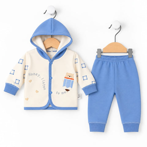 Imported Fur Hooded Shirt & Trouser Set Blue Bear | Soft Winter Baby Outfit | 6-12 Months
