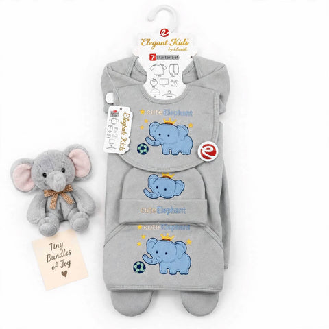 A baby footed sleeper set by Elegant Kids by mistake, featuring a light gray hooded sleeper with a blue elephant graphic and a matching plush toy elephant, displayed on a white background with a hangtag and a small gift card.