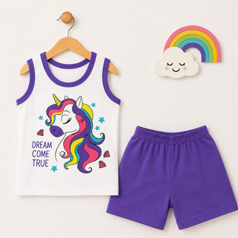 Cotton Jersey Sando & Short - Purple - Unicorn