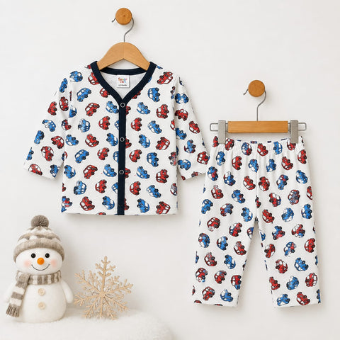 Terry Baby Night Suit – White Cars | Winter Nightwear 3 Months–6 Years