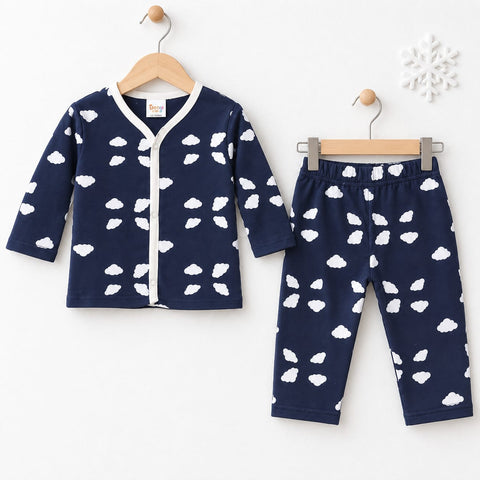 A baby two-piece clothing set featuring a navy blue long-sleeve cardigan and matching pants, both decorated with a white cloud pattern. The cardigan has a white V-neck trim and a white snap-button front.