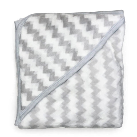 A folded baby blanket with a gray and white chevron pattern and a light gray hooded trim, shown on a plain white background.