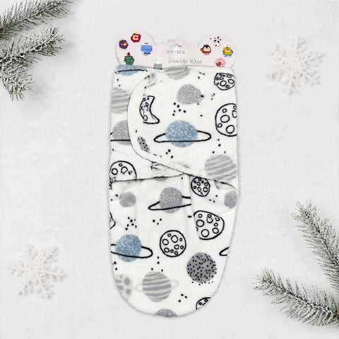 Imported Plush Fleece Newborn Adjustable Swaddle Wrap – White Planets | Soft Infant Baby Wrap 19×13 Inches