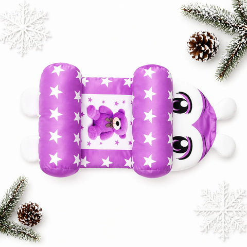 A purple inflatable baby headrest and shoulder pillow set with white stars, a plush teddy bear design, and a panda face motif, styled on a white background with holiday pine branches and snowflakes.