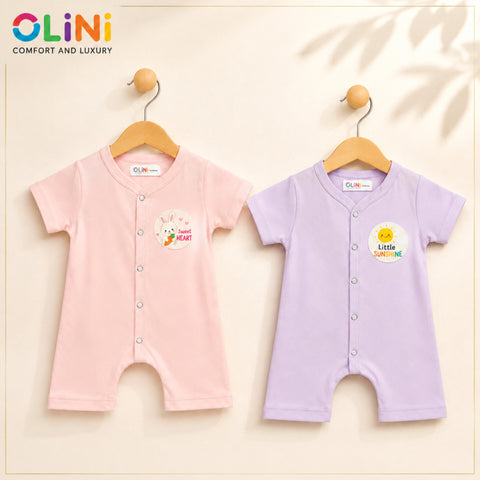Cotton Jersey Short Leg Rompers - Pack of 2 - Pink & Purple - NUJ - OLINI