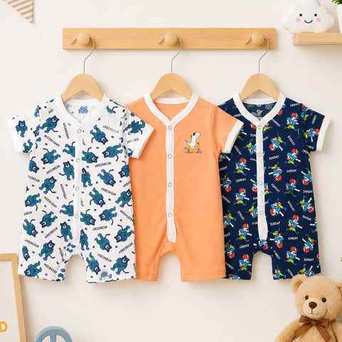 LO - Cotton Jersey - Pack of 3 - Short Leg Rompers - Orange & White - Days