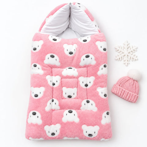 Fleece Hooded Baby Carry Nest – Pink Bear | Soft Newborn Sleeping Bag & Carry Bed
