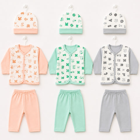 Nine baby clothing sets arranged in a 3x3 grid on a white background, each set including a hat, vest, long-sleeve top, and pants in soft pastel colors with simple animal and symbol prints.