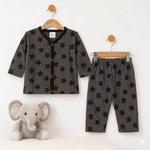 Cotton Jersey Night Suit for Kids – Grey Smiley Star Print Pajama Set | Soft & Comfortable Sleepwear