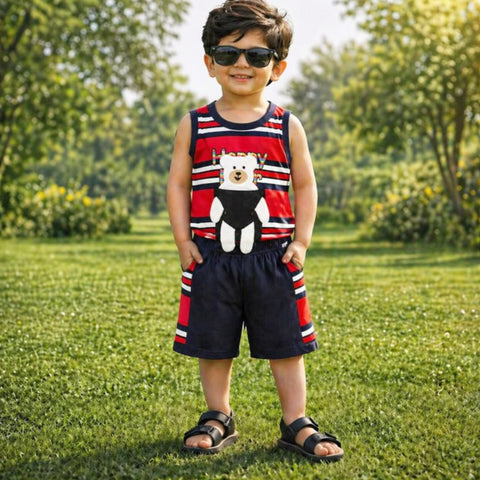 Cotton Jersey - Sando & Short - Red & Navy - Happy Bear