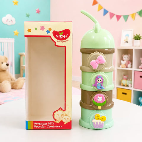 A mint green and brown portable milk powder container with cute character decorations stands next to its cream-colored retail box. The background is a soft, pastel-colored children's room with a teddy bear, shelves, and bunting.