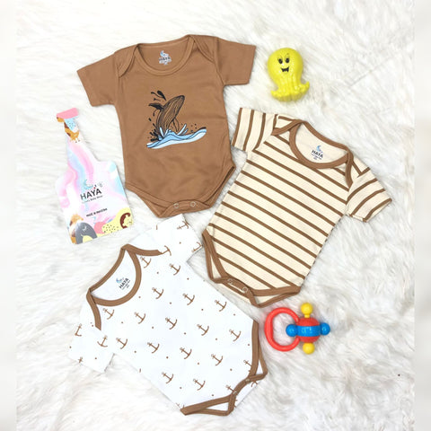 Short Sleeve Pack of 3 Bodysuits - Cotton Interlock - Brown - HY