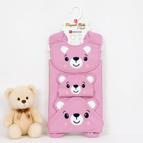 Newborn 7 Piece Fleece Starter Set Bear Pink | Soft Winter Baby Clothing Set | 0+ Months
