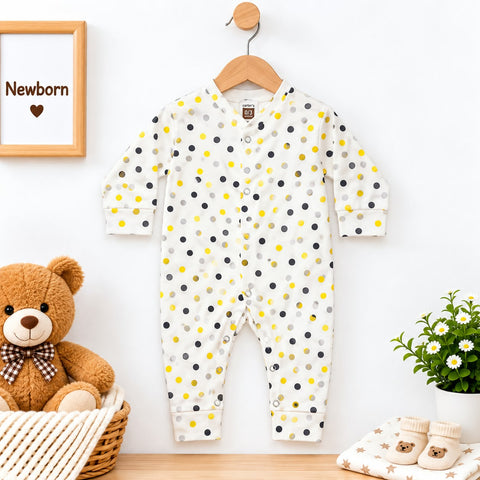 Cotton Interlock Baby Romper – White Polka | Soft & Comfortable | 0–24 Months