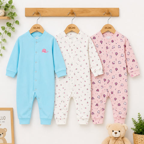 Carte - Cotton Interlock - Pack of 3 - Long Sleeve Open Feet - Sleep Suits - Sky & Flowers