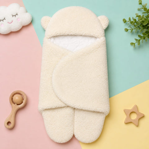 A cream-colored plush baby swaddle wrap with bear ears on the hood, styled in a flat-lay with pastel pink, mint green, and yellow background panels, accompanied by baby toys.