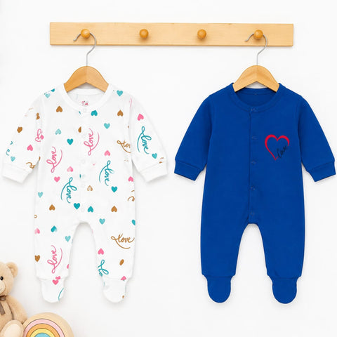 Close Feet Rompers - Pack of 2 - Blue & White - Love - TBS