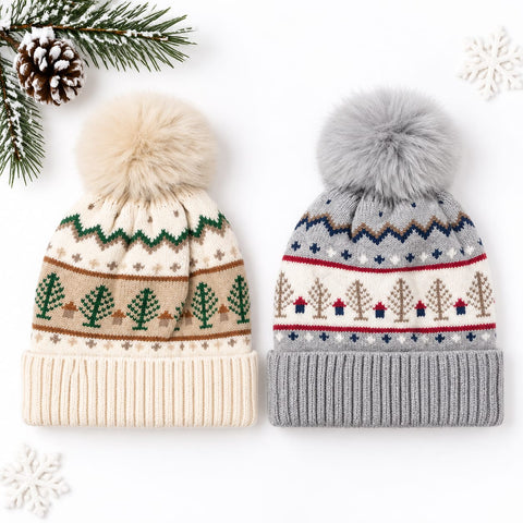 Pack of 2 Woolen Baby Caps –  Grey & Skin  | Pom Tree | 2-5 Years