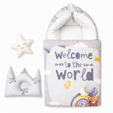 Newborn Cotton Hooded Carry Nest - Grey - Welcome Rainbow