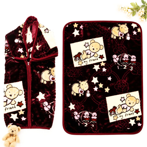 Single Ply Baby Zip Blanket – Maroon Bear | 39 × 31 Inches | Soft & Cozy Baby Blanket