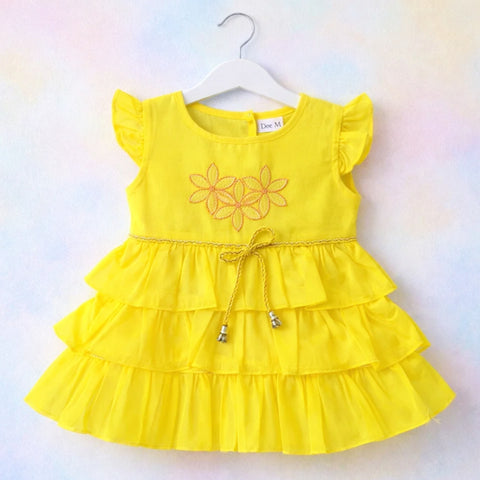 P&P - Short Sleeve - Embroidered Frock - Yellow - Three Flowers