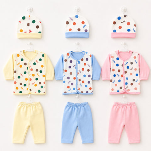 Three baby clothing sets hanging on white hangers against a plain light background. Each set includes a long-sleeve button-front romper, pants, and hat.