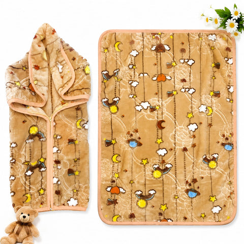 Single Ply Baby Zip Blanket – Light Brown Stars Moon | 39 × 31 Inches | Soft & Cozy Baby Blanket