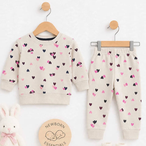Fleece Winter Suit - 2 Pieces - Off White Hearts