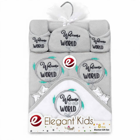 Elegant Kids 8-piece baby blanket gift set in light gray and white, featuring a hooded blanket, footed mittens, and a muslin wrap with 'Welcome to the World' embroidery, packaged in a clear plastic bag with a white ribbon and hanger.