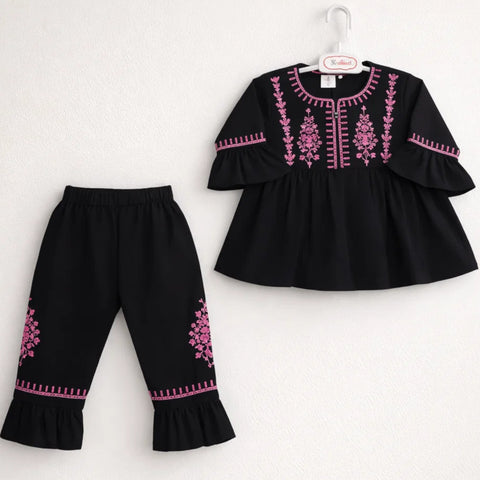 P&P - 2 Pieces - Frock Set - Black - Embroidered Pattern