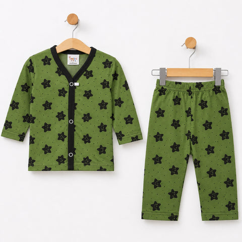 Cotton Jersey Night Suit for Kids – Olive Smile Print Pajama Set | Soft & Comfortable Sleepwear