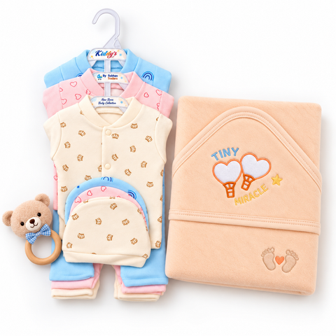 Newborn Welcome Bundle - 9 Pieces Newborn Fleece Clothing Set Mix BPY & Peach Wrapping Sheet