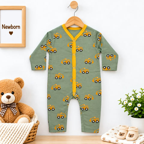 Cotton Jersey Baby Romper – Green Excavator | Soft & Comfortable | 0–24 Months