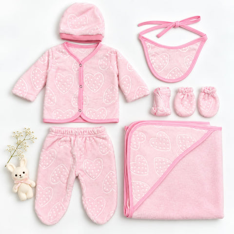 Newborn 8 Piece Plush Fleece Starter Set Hearts – Pink | Soft Winter Baby Clothing Set | 0+ Months