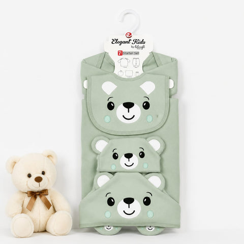 Newborn 7 Piece Fleece Starter Set Bear Green | Soft Winter Baby Clothing Set | 0+ Months