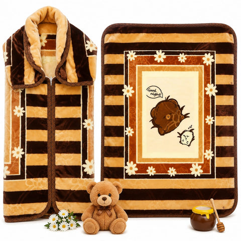 A fleece blanket set with a hooded zippered blanket and a matching square throw blanket, both in a brown and beige striped design with white daisy accents. The hooded blanket is shown on the left, and the square throw blanket is shown on the right with a cartoon bear illustration and the words 'Good night!'.