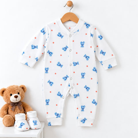 Cotton Interlock Baby Romper – White & Blue Bear | Soft & Comfortable | 0–24 Months
